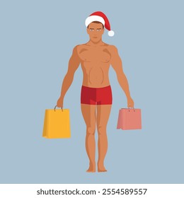 Handsome guy dressed as Santa Claus. Muscular man in shorts and a hat. 