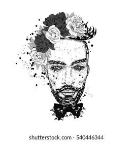 Handsome guy with a fashionable hairstyle. A man wearing a wreath. Vector illustration.