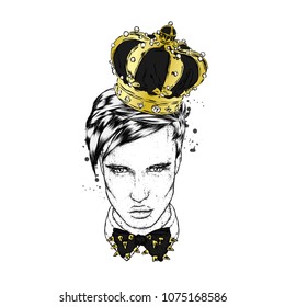 A handsome guy is a flower wreath. Vector illustration. Fashion, style, clothing and accessories.