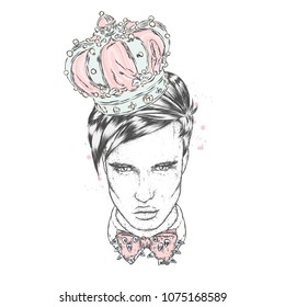 A handsome guy is a flower wreath. Vector illustration. Fashion, style, clothing and accessories.