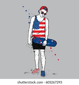 A handsome guy with glasses, a cap, shorts and a T-shirt. The skater. A boy with a skateboard. Teenager. Hipster.