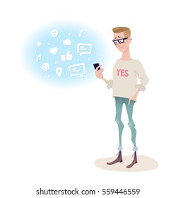 Handsome guy with glasses holding smart phone in his hand surfing the net and text messaging on the with social media and mobile app icons on background. Student character. Vector illustration.
