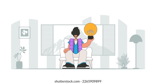 Un tipo apuesto está sosteniendo una bombilla. Ilustración sobre el tema de la aparición de una idea.