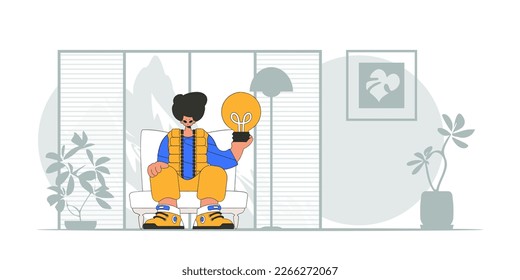 Un tipo guapo sostiene una bombilla en sus manos. Ilustración sobre el tema de la aparición de una idea.