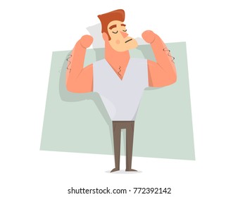 Handsome guy. Man shows large muscles.