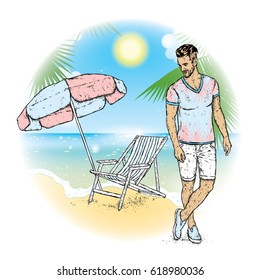 Handsome guy on the beach background. A sporty man in shorts and a T-shirt is standing near a beach umbrella and a lounger. Vector illustration for a postcard or a poster. Summer and the sea.