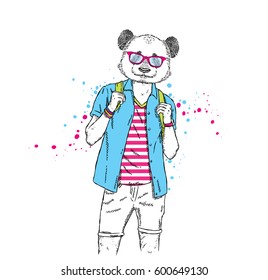 A handsome guy with a panda head dressed in a T-shirt, shirt and shorts. Summer clothes. Vector illustration. Hipster.