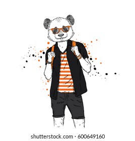 A handsome guy with a panda head dressed in a T-shirt, shirt and shorts. Summer clothes. Vector illustration. Hipster.