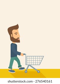 Un tipo guapo empujando un carro vacío. Un estilo contemporáneo con una paleta pastel y un fondo beige suave. Ilustración de diseño plana vectorial. Diseño vertical con espacio de texto en el lado derecho.
