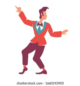 Handsome guy in red blazer with hand up flat color vector faceless character. Old fashioned male person. Stylish man standing in confident pose, gesturing isolated cartoon illustration