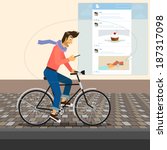 Handsome guy is riding a bike and checking his account on social networking (used clipping mask for street). he posted some photos to his blog or community page