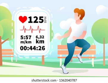 Handsome guy run in a urban park with heartrate monitor display, run dynamic concept