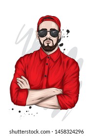 A handsome guy in a shirt, a cap and glasses. Vector illustration. Fashion, style, clothing and accessories. Stylish man.