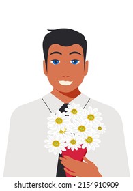 A handsome guy with short black hair and blue eyes in a white shirt and black tie holds a bouquet of white daisies in his hand. Male gift and attention. Vector.