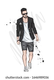 A handsome guy in shorts, blazer and a T-shirt. A sporty man in summer clothes. Vector illustration for a postcard or a poster.