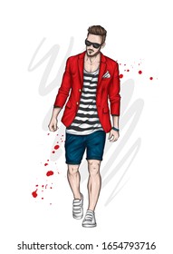 Un tipo guapo con pantalones cortos, chispas y un pantalones en T. Un hombre deportivo con ropa de verano. Ilustración vectorial para una postal o un afiche.