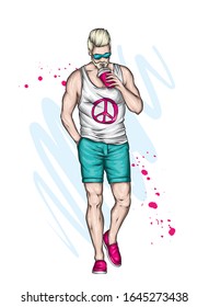 Un tipo guapo con pantalones cortos y un pantalones en T. Un hombre deportivo con ropa de verano. Ilustración vectorial para una postal o un afiche.