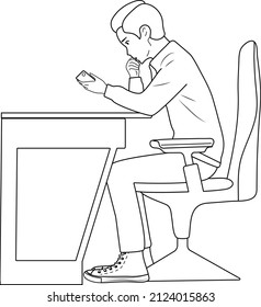 A handsome guy sits at a table and holds a phone in his hands. Computer chair, white background. Working day, search for solutions. Flat black and white vector.