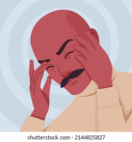 Handsome guy, spanish man, Latin America suffering with migraine, headache. Office worker, business manager in beige turtleneck sweater, social media profile picture. Vector flat style illustration