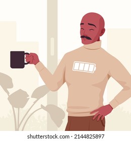 Handsome guy, spanish man, Latin America person battery charging drink. Office worker, business smart manager, beige turtleneck sweater, social media profile picture. Vector flat style illustration