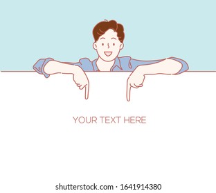 Handsome guy is standing behind the white blank banner and pointing down at a copy space. Hand drawn style, Vector illustrations.