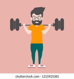 handsome guy strong with muscles in a T-shirt an athlete in glasses lifts the barbell