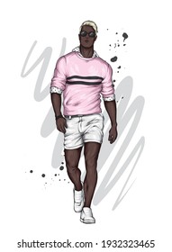 Handsome guy in stylish clothes. Fashion and style, accessories. Vector illustration. 
