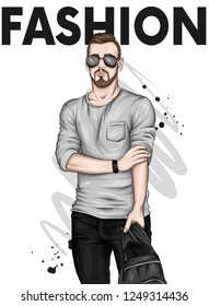 Handsome guy in stylish clothes and glasses. Vector illustration for greeting card or poster. Fashion & Style.