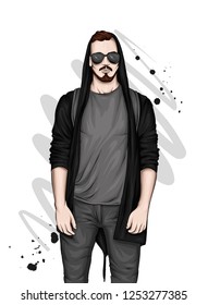 Handsome guy in stylish clothes and glasses. Vector illustration for greeting card or poster. Fashion & Style.