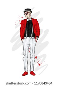 Handsome guy in stylish clothes and hat. Hipster. Vector illustration.
