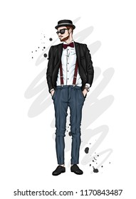 Handsome guy in stylish clothes and hat. Hipster. Vector illustration.
