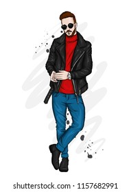 Un tipo guapo con ropa elegante. Hipster. Ilustración vectorial.
