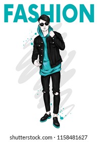 Handsome guy in stylish clothes. Hipster. Vector illustration.