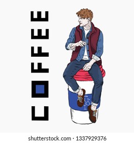 Handsome guy in stylish clothes. Hipster. Vector illustration. A large glass of coffee.For coloring book, t-shirts, tattoo art, design, posters, textiles. Isolated vector illustration.
