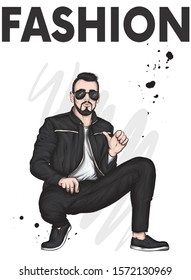 Handsome guy in stylish clothes. Hipster. Vector illustration. Leather jacket, jeans and sunglasses. A man in fashionable clothes.