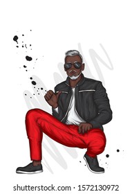Handsome guy in stylish clothes. Hipster. Vector illustration. Leather jacket, jeans and sunglasses. A man in fashionable clothes.