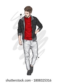 Handsome guy in stylish clothes. Hipster. Vector illustration.