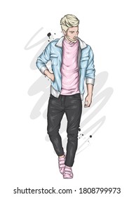 Handsome guy in stylish clothes. Hipster. Vector illustration.