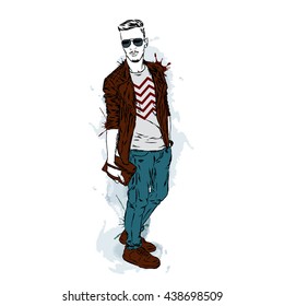 Un tipo guapo con ropa elegante. Hipster. Ilustración vectorial.