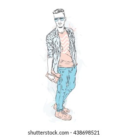 Handsome guy in stylish clothes. Hipster. Vector illustration.