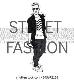 Handsome guy in stylish clothes. Hipster. Vector illustration.