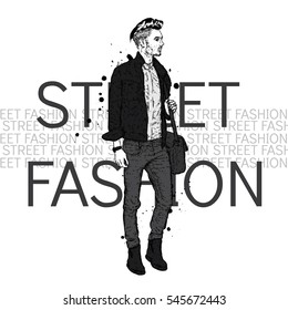 Handsome guy in stylish clothes. Hipster. Vector illustration.