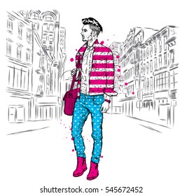 Schöner Typ in stilvollen Kleidern. Hipster.  Vektorgrafik.