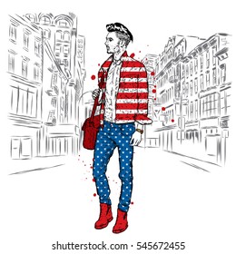 Handsome guy in stylish clothes. Hipster. Vector illustration.