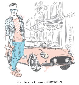 Handsome guy in stylish clothes. Hipster. Vector illustration. Man and retro car.