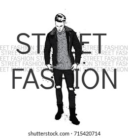 Handsome guy in stylish clothes. Hipster. Vector illustration. 