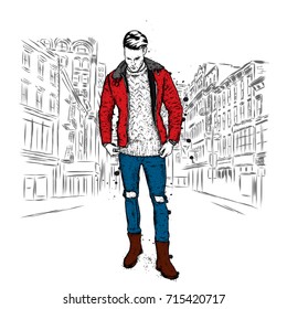 Handsome guy in stylish clothes. Hipster. Vector illustration. 
