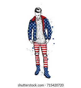 Handsome guy in stylish clothes. Hipster. Vector illustration. 