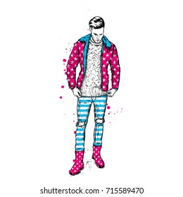 Handsome guy in stylish clothes. Hipster. Vector illustration. USA, America.