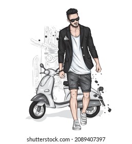 Un tipo guapo con ropa elegante y un ciclomotor vintage. Moda y estilo, ropa y accesorios. Ilustración vectorial.	
